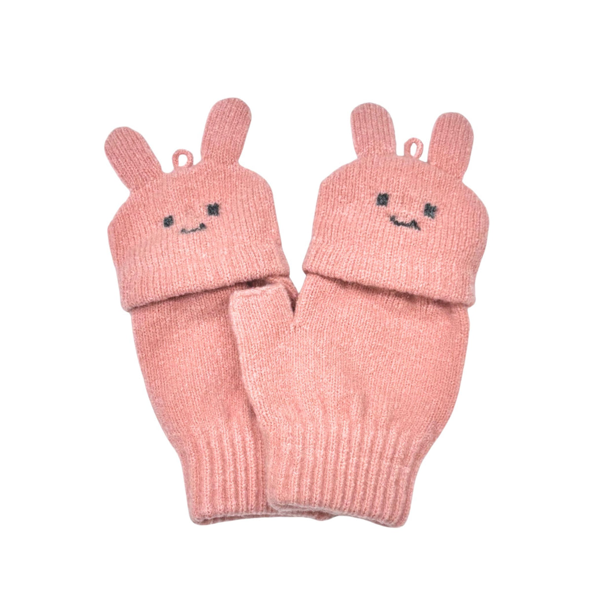 Kids’ flip-top gloves with five-finger design and bear and bunny mitten covers.