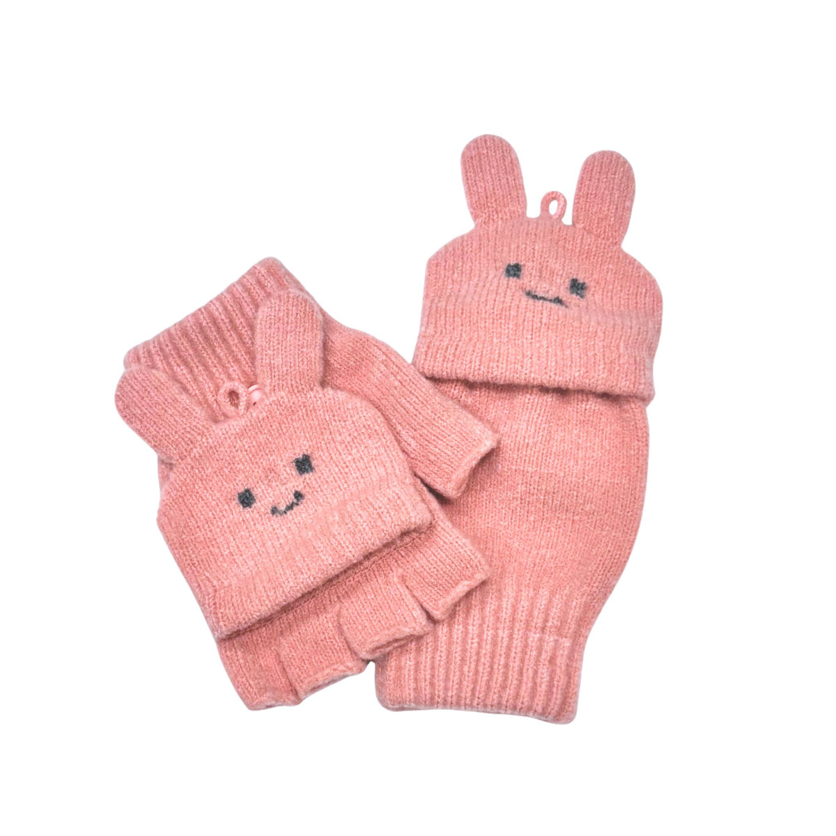 Pink knitted baby hat and mittens set Kids’ flip-top gloves with five-finger design and bear and bunny mitten covers.