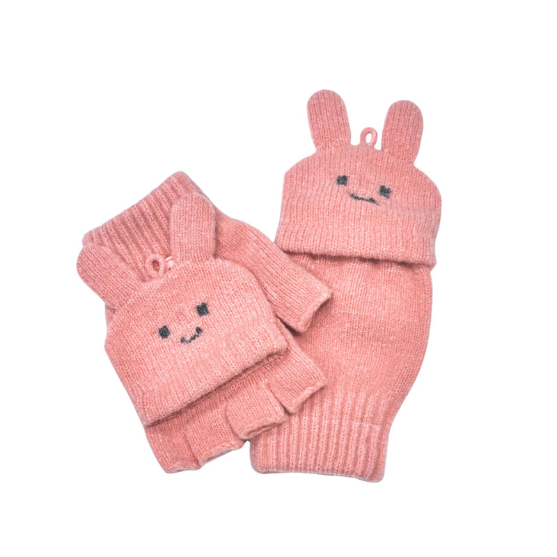 Pink knitted baby hat and mittens set Kids’ flip-top gloves with five-finger design and bear and bunny mitten covers.