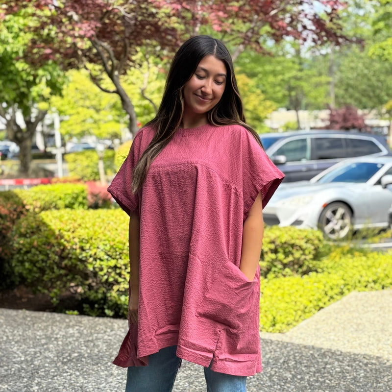 2-way utility tunic shirt styled with buttons at the back—lightweight ripple cotton, smock-style back view on model.