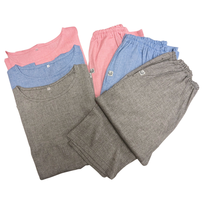 Our Cool, Stretchy, Comfy Lounge Pants and T-shirt Set made from 100% cotton with Japanese-inspired woven fabric. Breathable, sweat-absorbing with a dry-touch texture. Pants have pockets and adjustable waist, T-shirt is moisture-wicking with an A-line cut for easy movement. Travel-friendly, lightweight, and compact—perfect for home relaxation and travel-friendly. 
CHERRYSTONEstyle