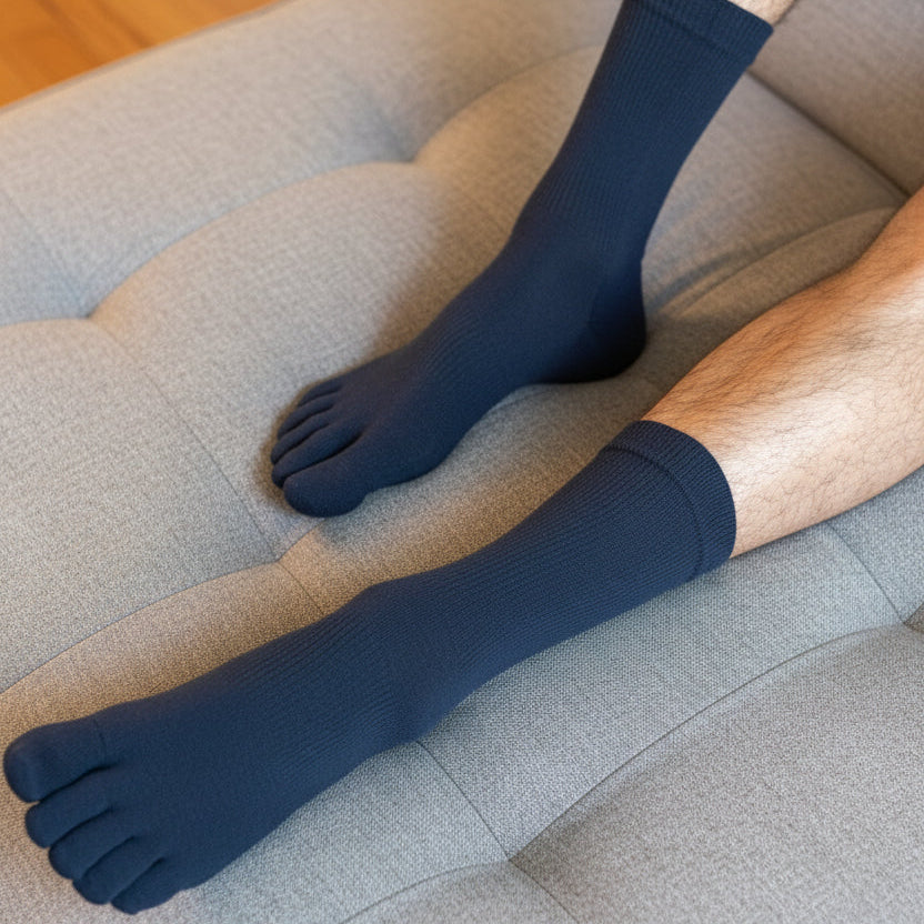 Person wearing dark gray 5-toe socks sitting on a gray couch.