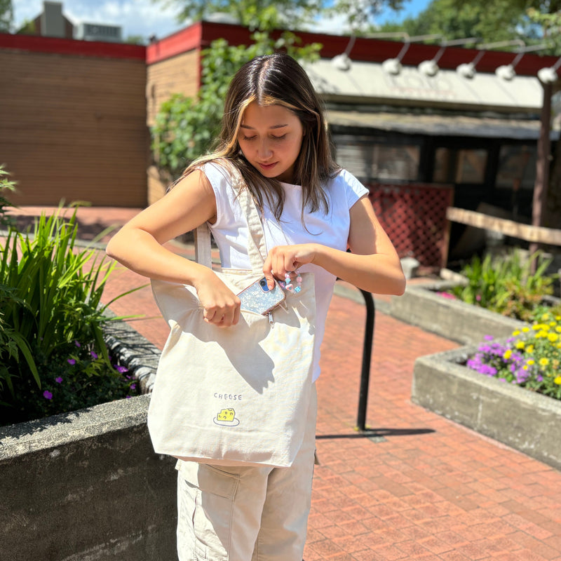 Upcycled Eco-Friendly Bear Life Design Tote | 6 Styles | Off White | Plenty of space inside to easily accommodate for your laptop, books, clothes, & groceries. Crafted from high-quality, sustainable, and eco friendly materials. Top zipper, a side zipper pocket and a pocket inside for your smartphone. CHERRYSTONEstyle