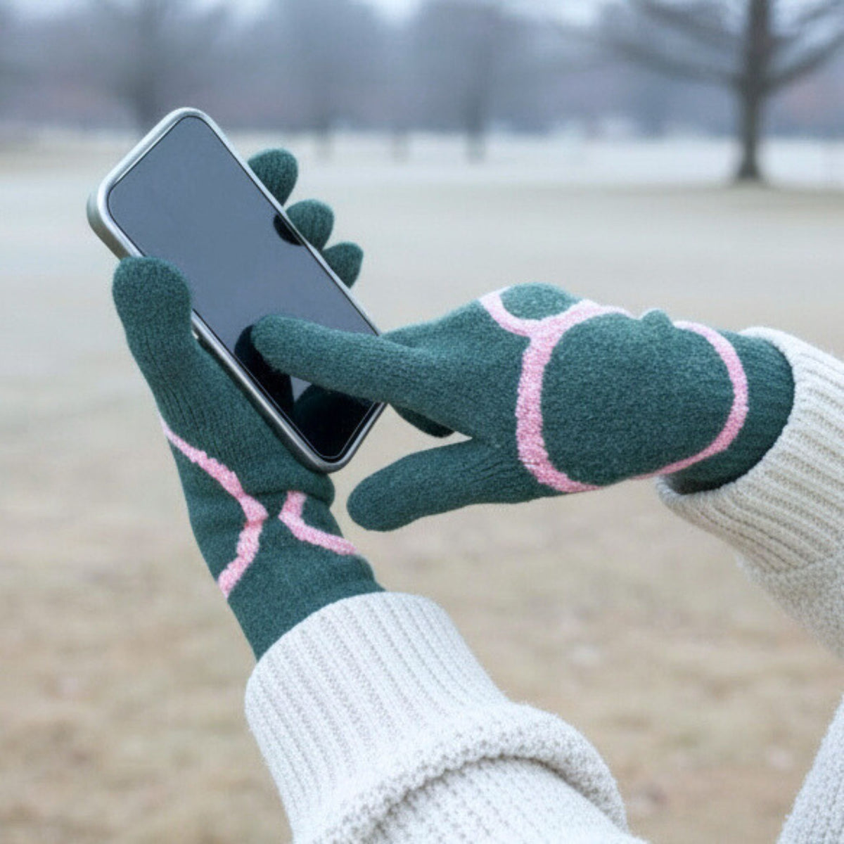 Person wearing green gloves with pink accents using a smartphone outdoors.