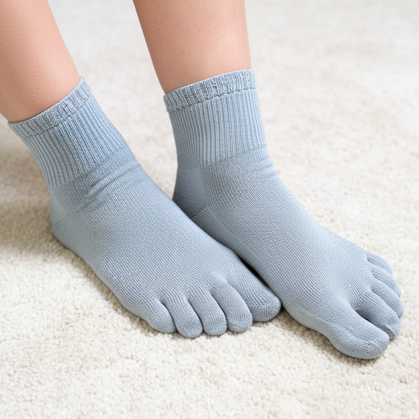 Light blue five-toe socks worn on a patterned rug