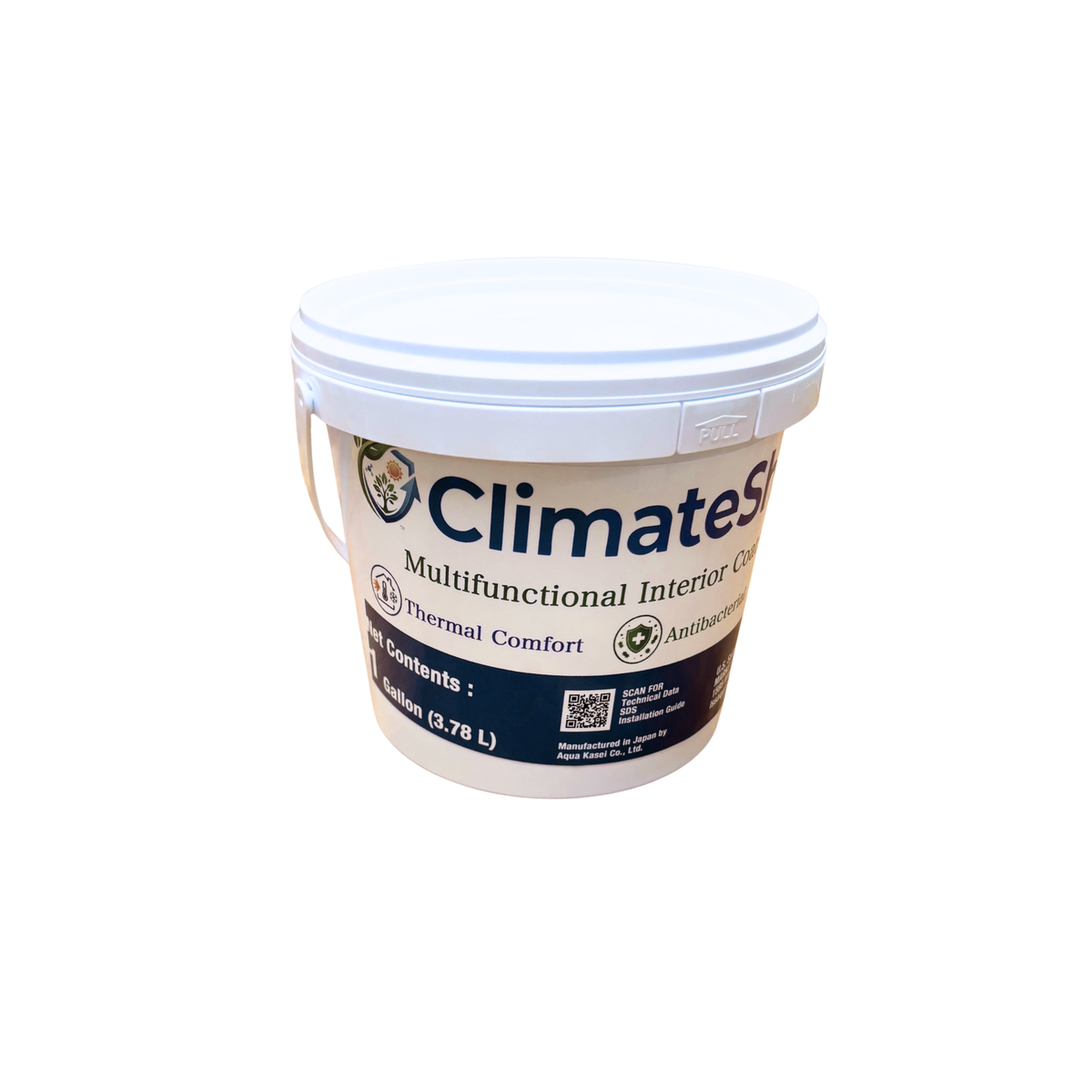A white plastic bucket of ClimateSt Multifunctional Interior Control product with a white lid, featuring a navy blue and white label.