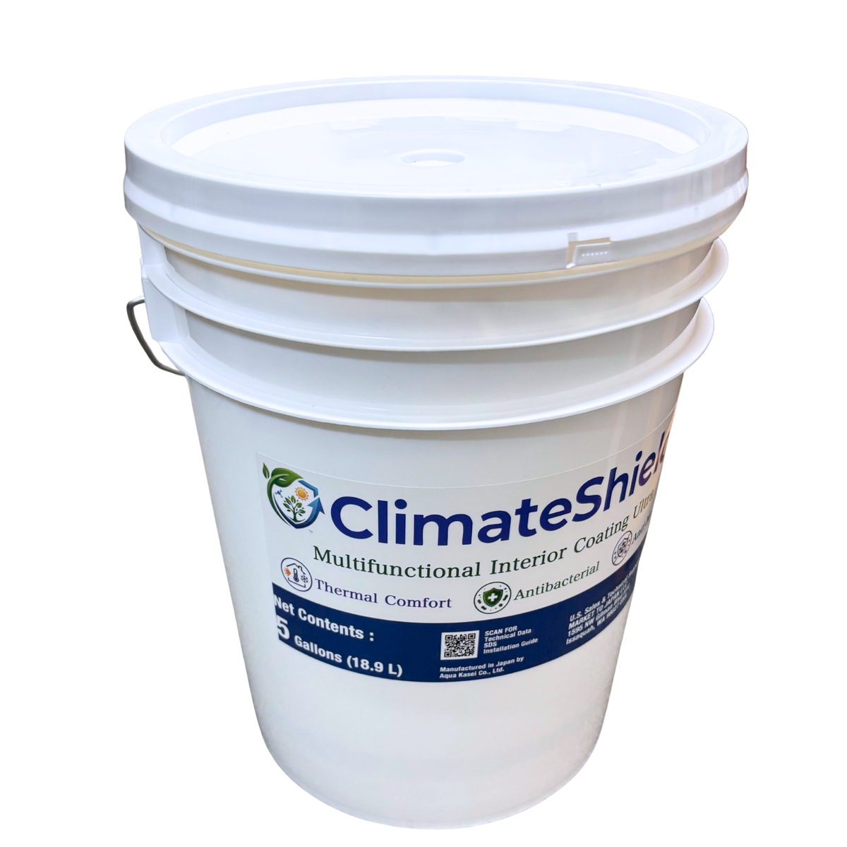 A white plastic bucket with a lid for ClimateShield Multifunctional Interior Coating System, featuring a blue and green label on a white background.
