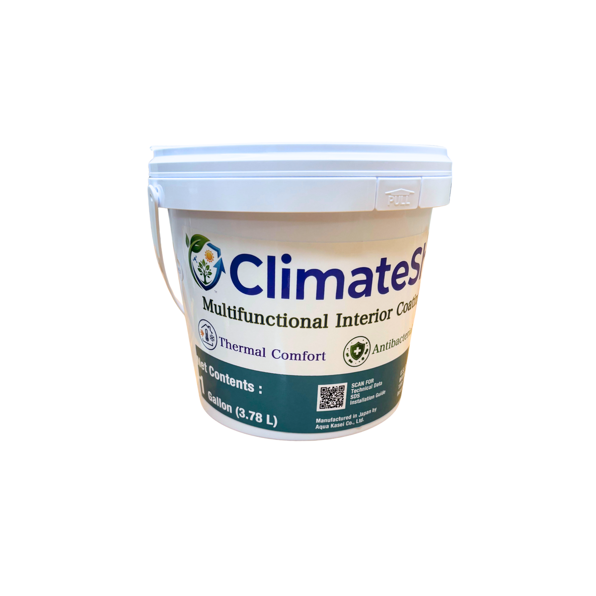 A 3.78 L white plastic bucket of Climate Solutions Multifunctional Interior Care with a dark green and blue label, isolated on a white background.