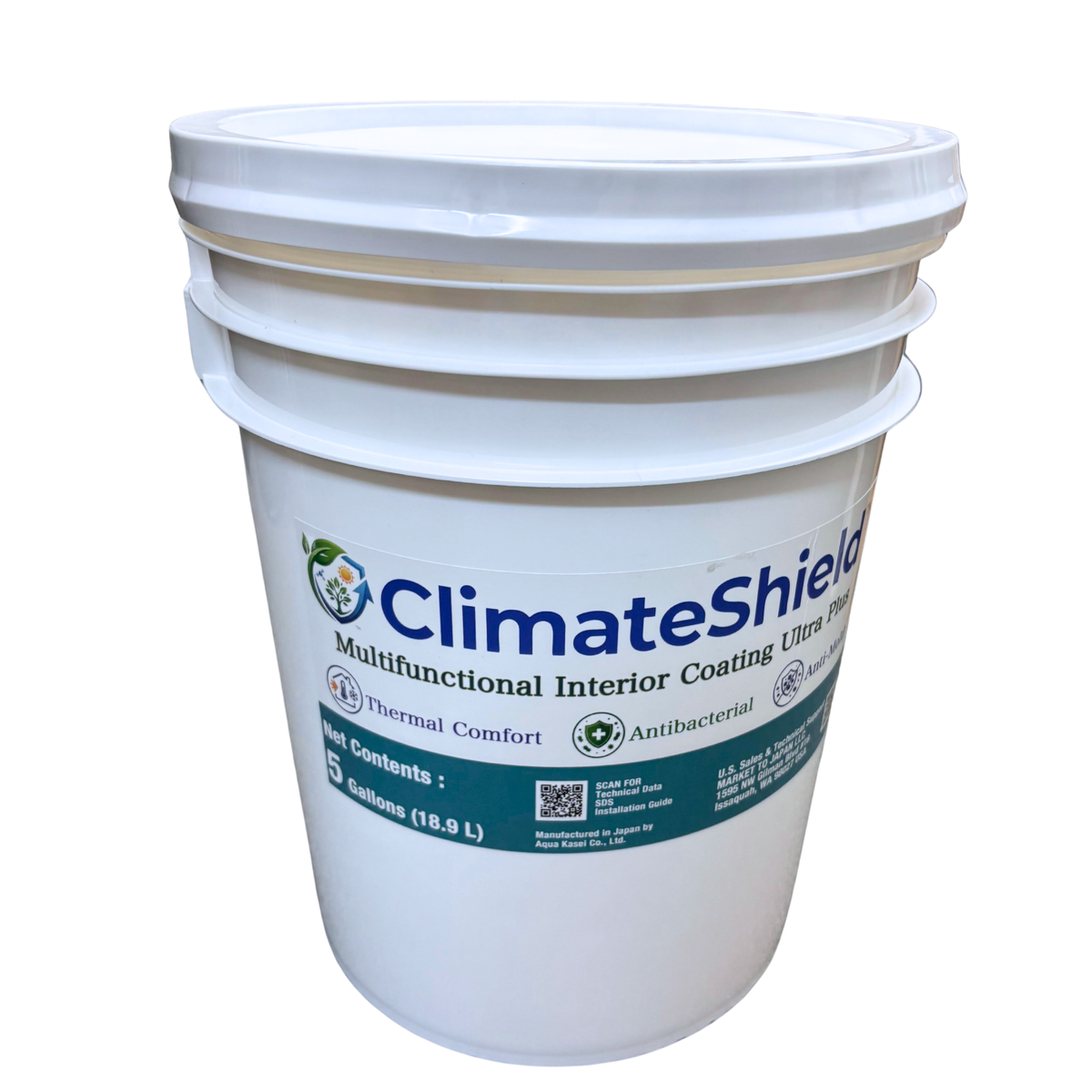 White plastic bucket of Climate Solutions Multifunctional Interior Care with a dark green and blue label, isolated on a white background.