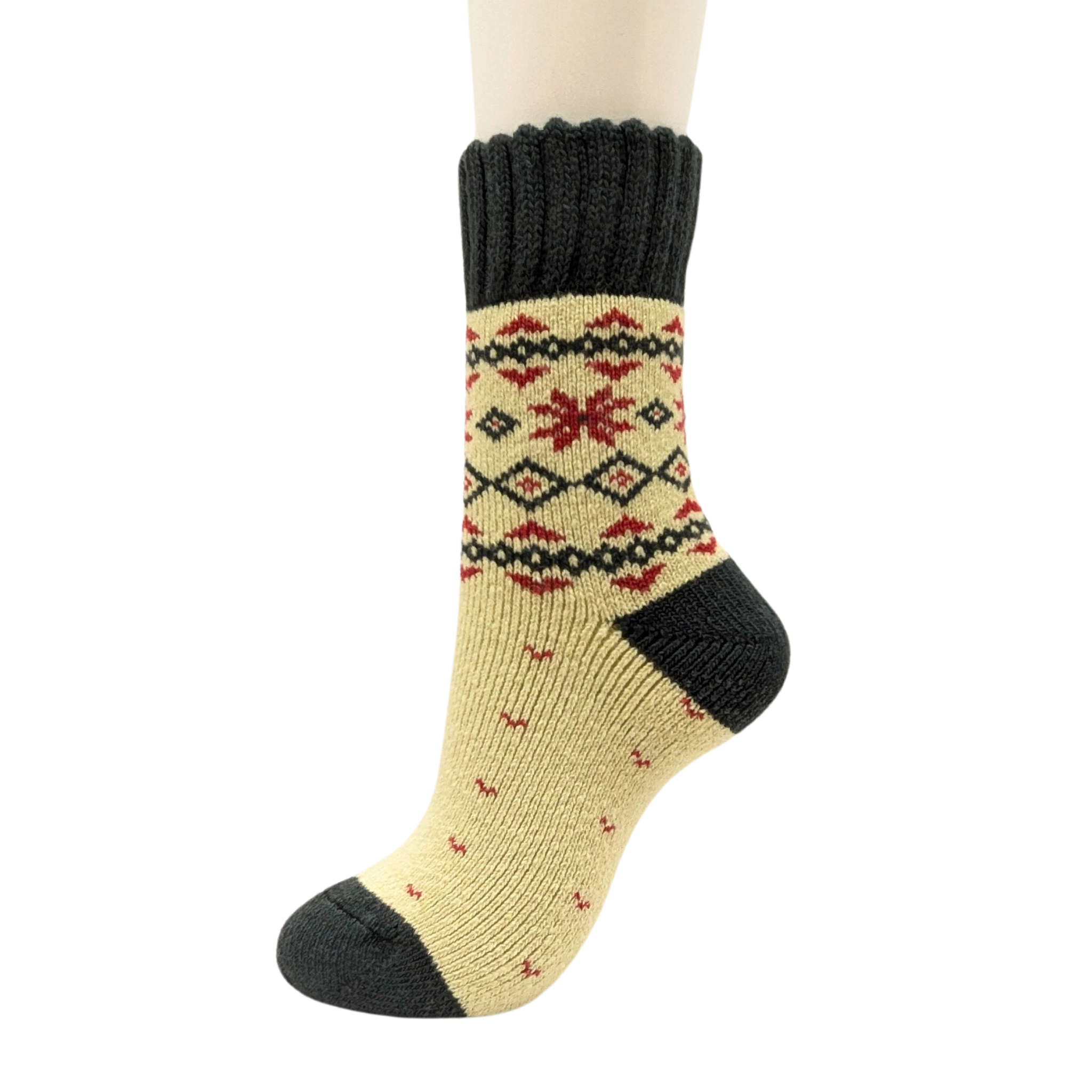 Warm Nordic Slipper Crew Socks made from a merino wool blend with thick ribbed cuffs to block cold air and a brushed lining for added cushioning. The soles feature invisible non-slip grips. Available in four stylish colors, perfect as a gift or for cozy days at home.