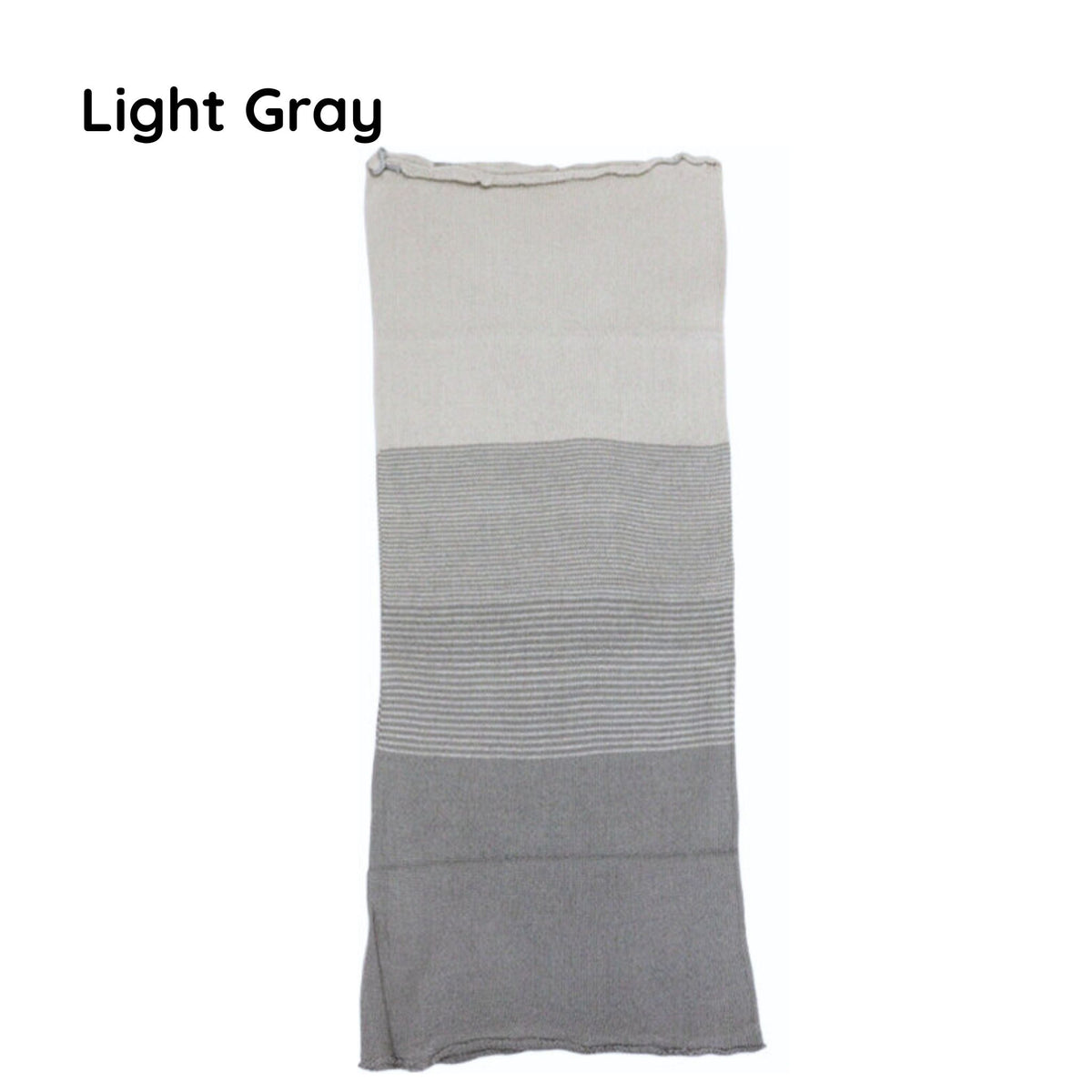 Light gray and dark gray striped neck warmer on a white background