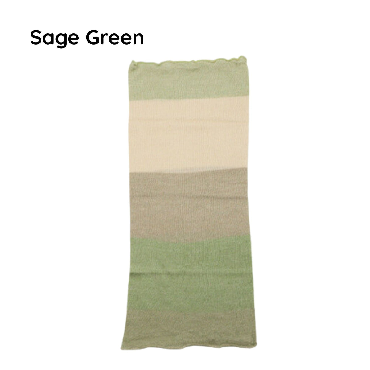 Sage green and beige striped neck warmer on a white background