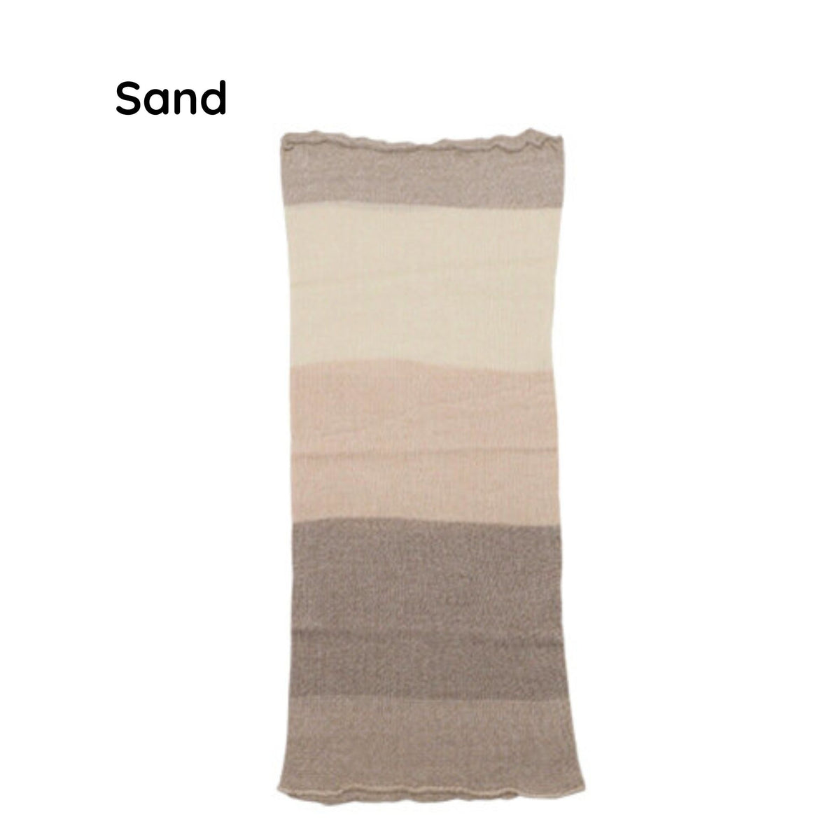 Textured neck warmer swatch with a gradient from beige to brown on a white background, labeled 'Sand'.