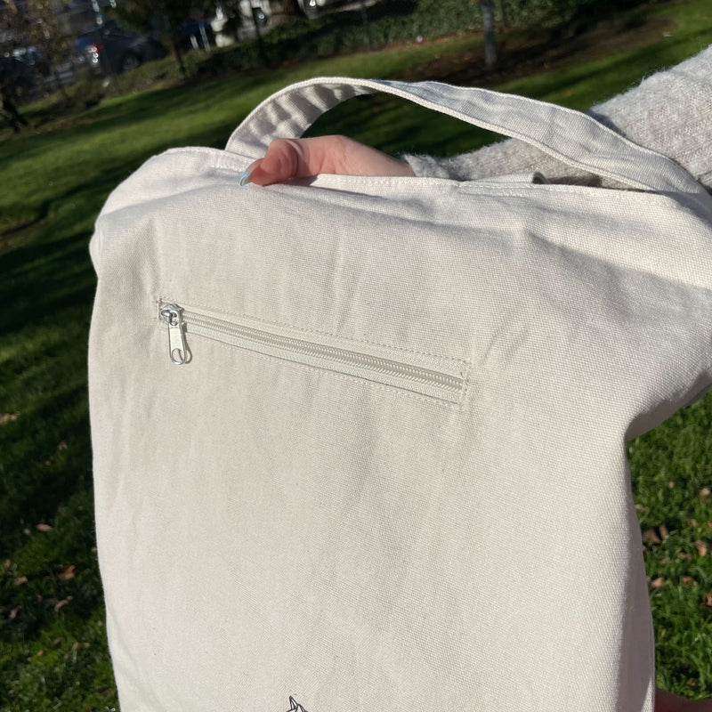 Upcycled Eco-Friendly Bear Life Design Tote | 6 Styles | Off White | Plenty of space inside to easily accommodate for your laptop, books, clothes, & groceries. Crafted from high-quality, sustainable, and eco friendly materials. Top zipper, a side zipper pocket and a pocket inside for your smartphone. CHERRYSTONEstyle