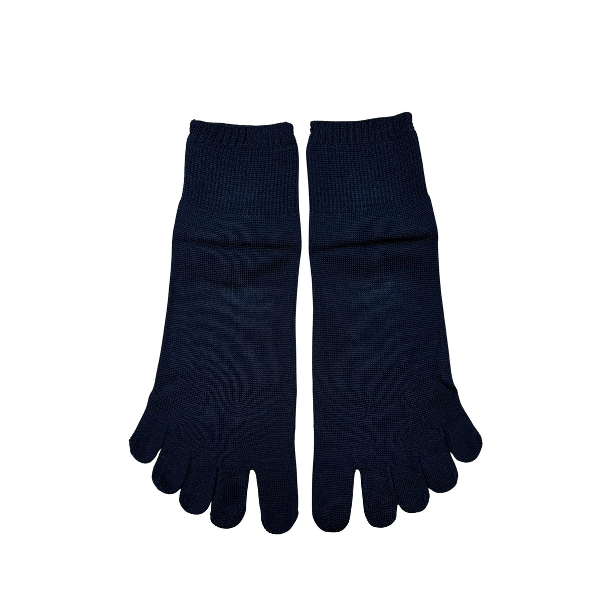 Pair of black five-toe socks on a white background
