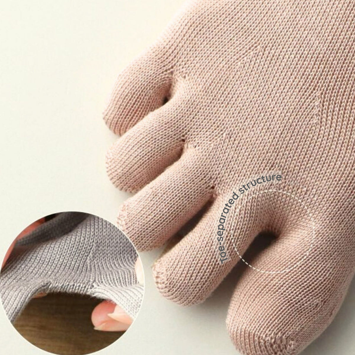 Close-up of beige 5-toe socks