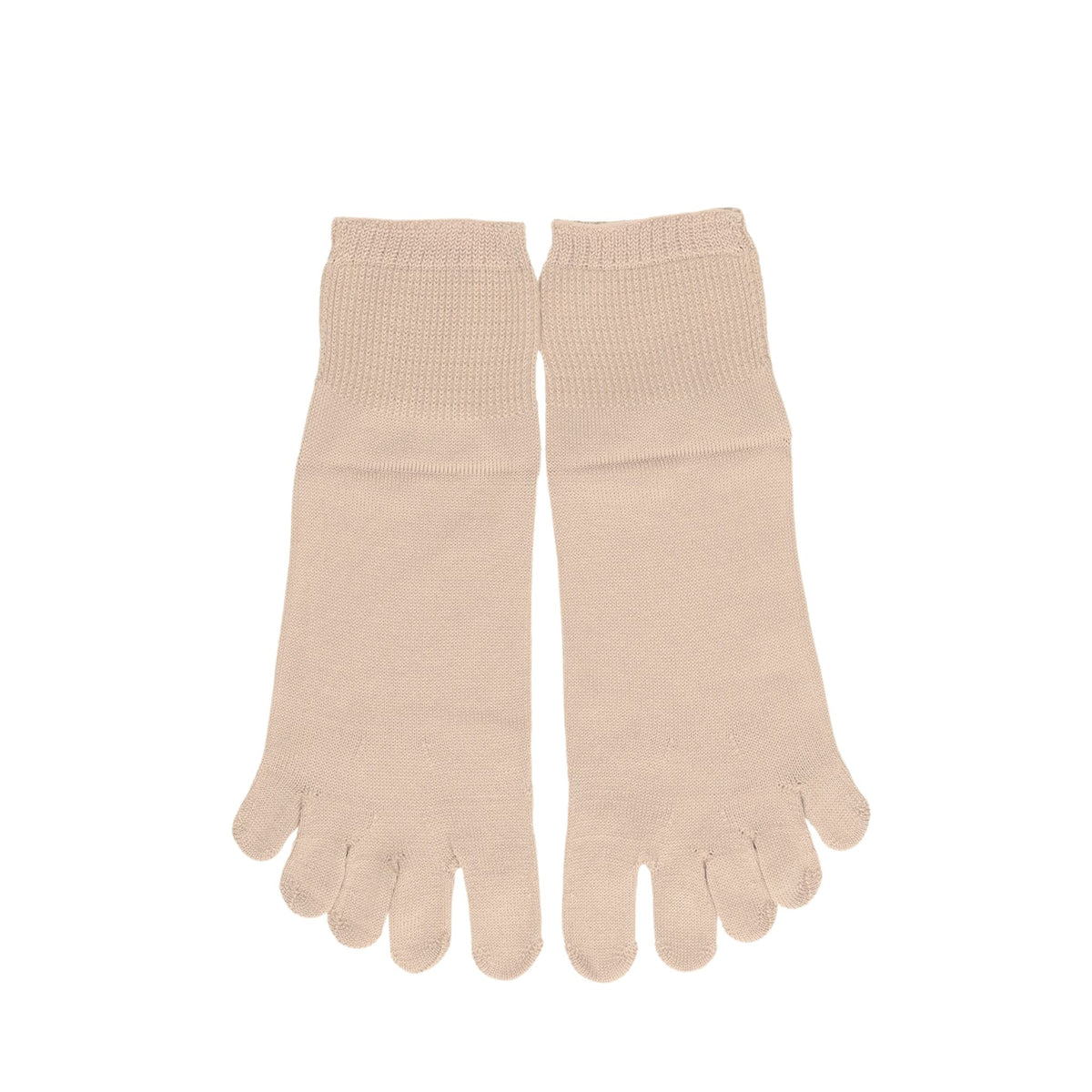 Pair of beige toe socks on a white background