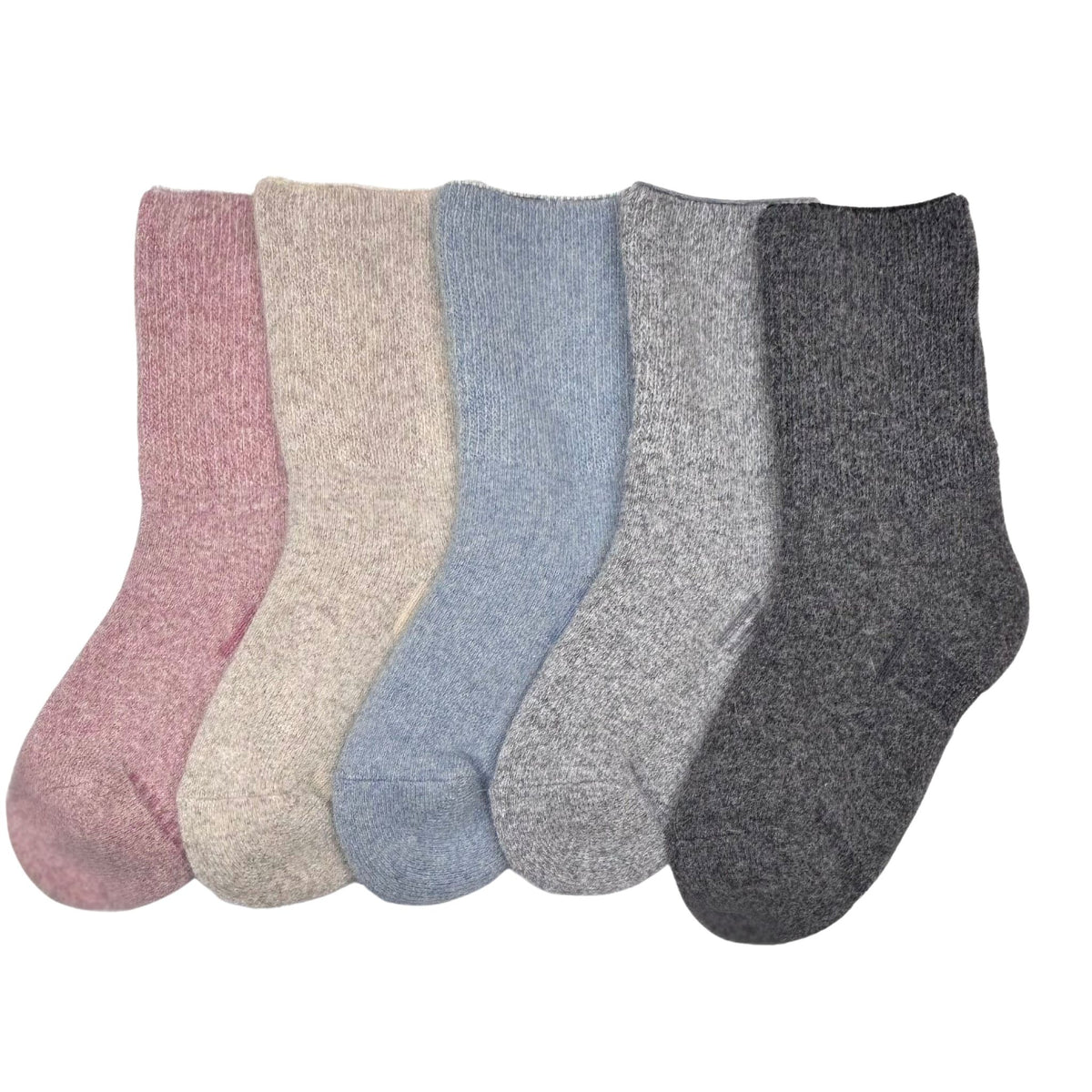 Six pairs of soft knit ankle socks in muted pastel and neutral shades, arranged side by side on a plain white background. The colors include dusty pink, oatmeal beige, light blue, heather gray, light charcoal gray, and dark charcoal gray.