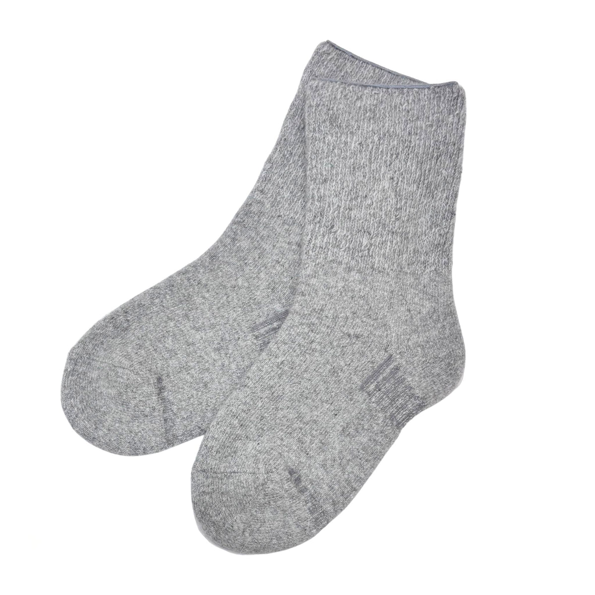 A pair of heather gray crew socks shown against a plain white background.