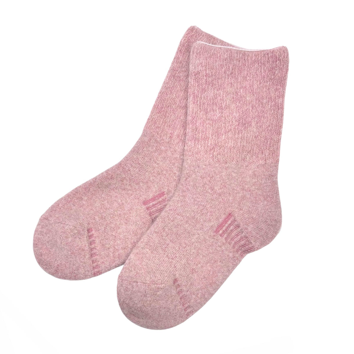 A pair of heathered light pink crew socks with darker pink ribbed heel and toe details, shown against a plain white background.