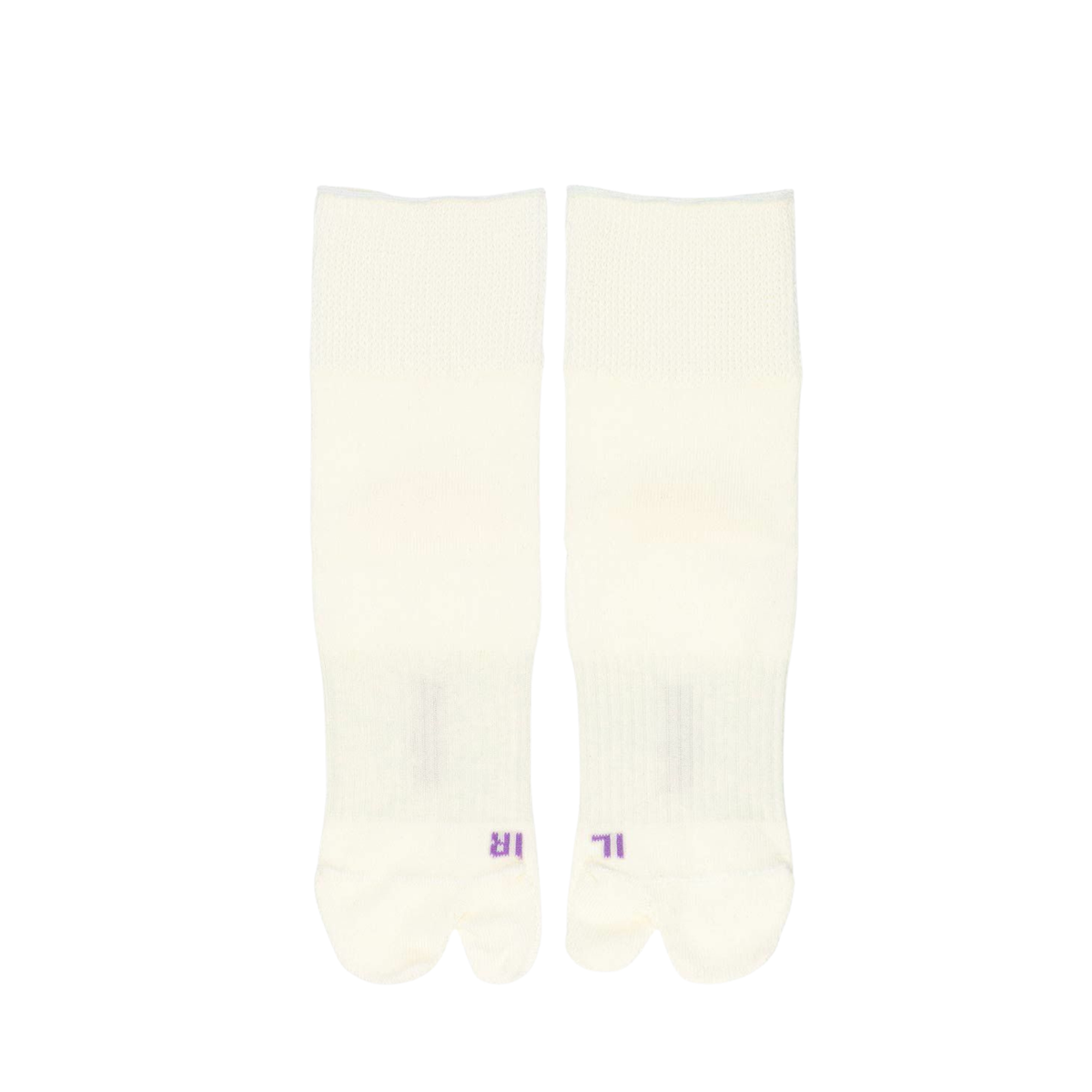 Pair of white tabi socks with purple text on a white background