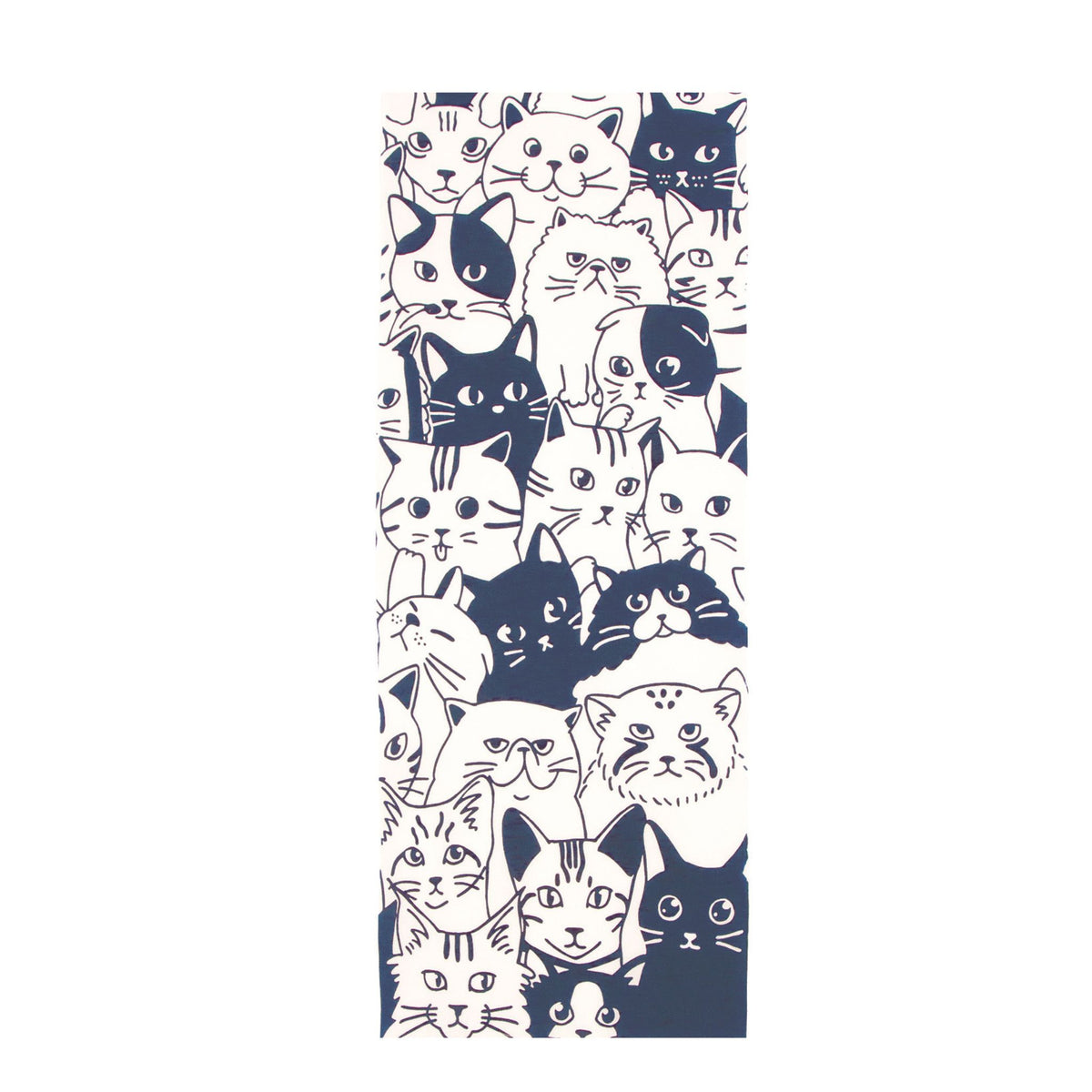 Tenugui Lightweight Japanese Cotton with a white background, illustrated pattern of cat faces in dark navy blue and off-white.