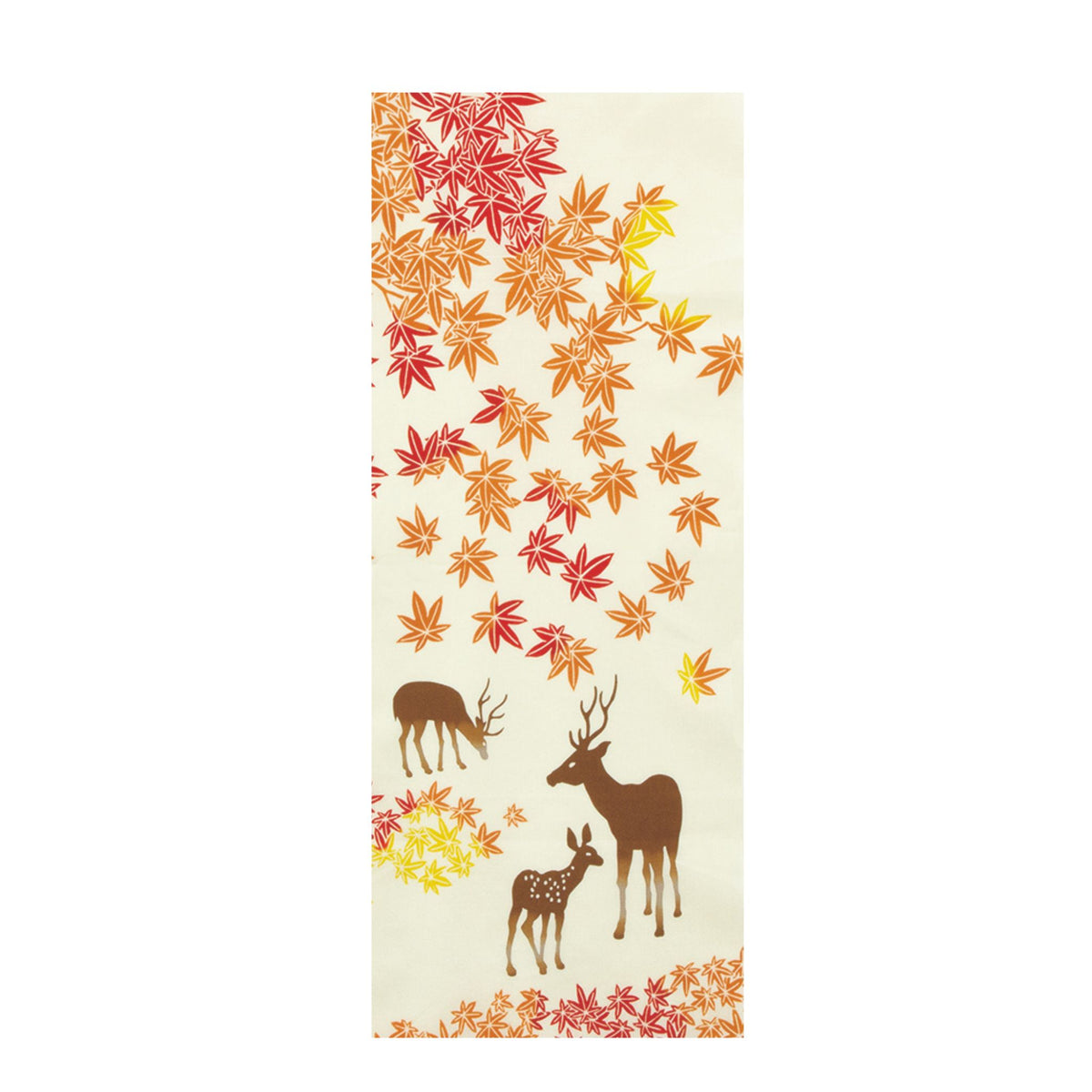 Tenugui Lightweight Japanese Cotton with a white background, with an autumn-themed print featuring red, orange, and yellow maple leaves on a cream background, plus three brown deer silhouettes near the bottom.