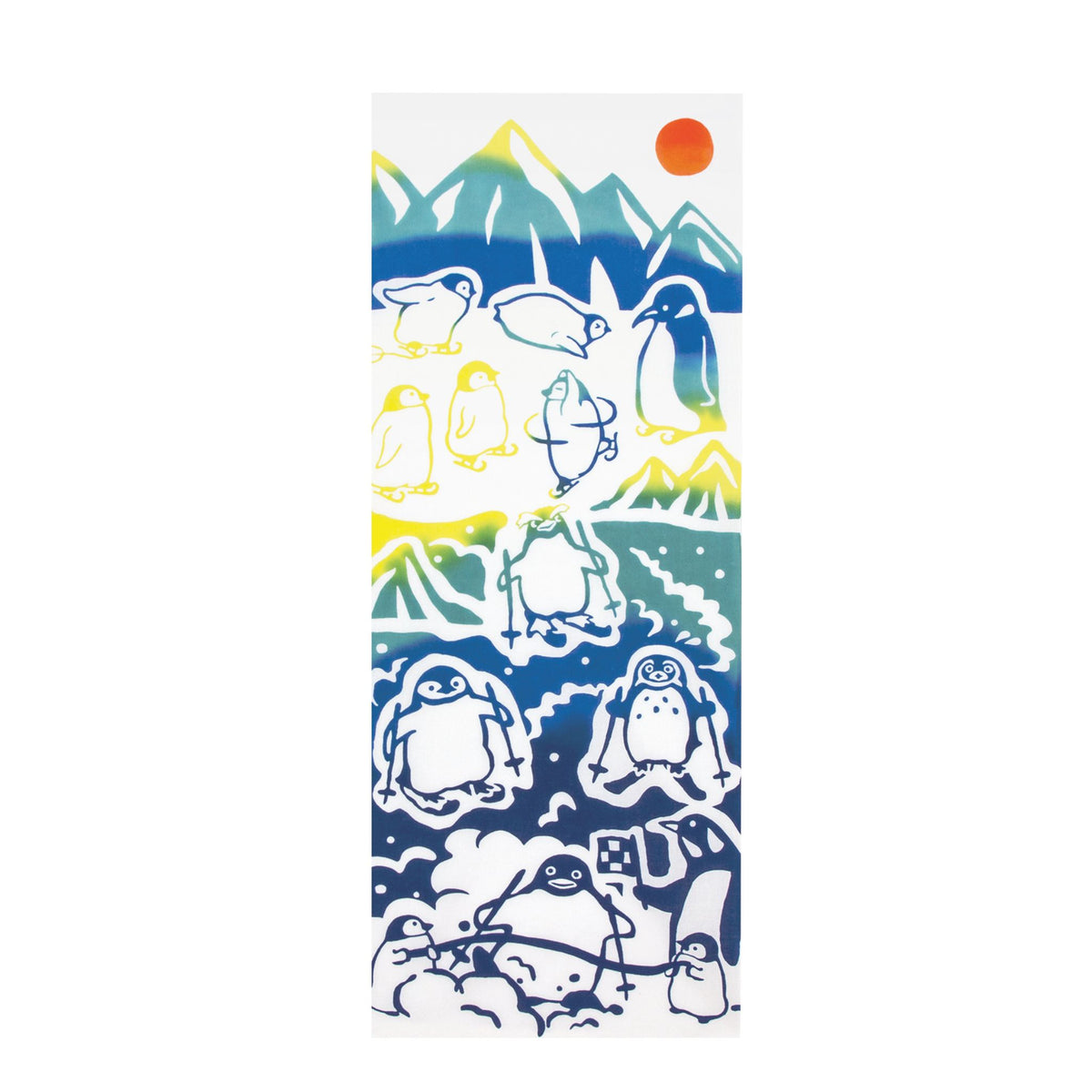 Tenugui Lightweight Japanese Cotton with a white background, stylized penguin illustrations in blue, green, yellow, and white, with mountains, a sun, and snowy scenes.