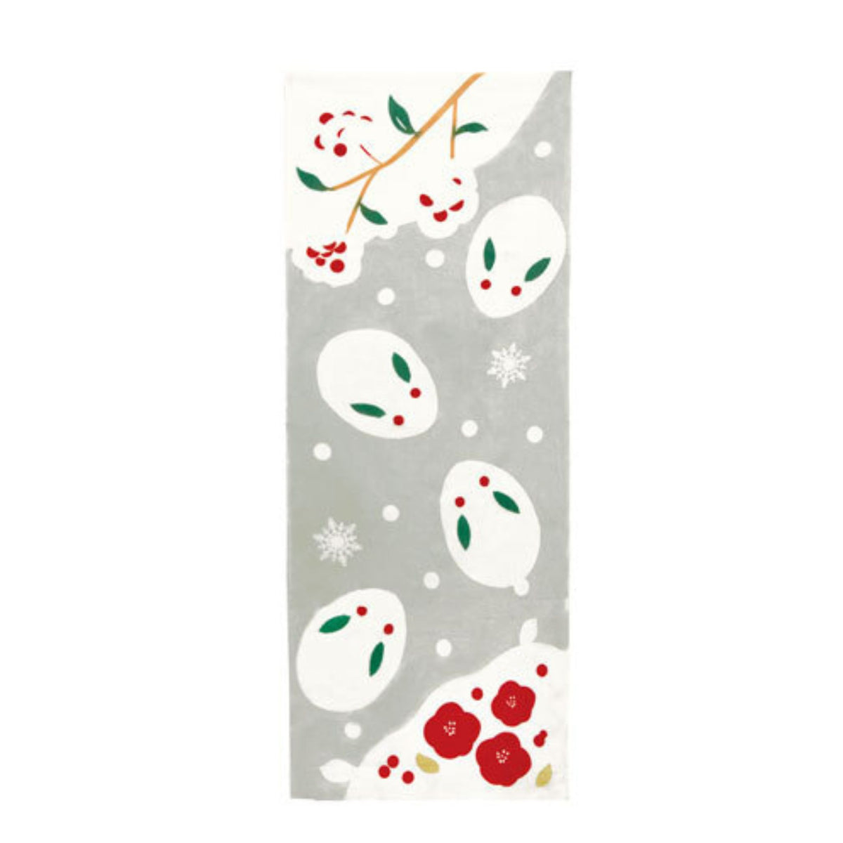 Tenugui Lightweight Japanese Cotton with a white background, white snow bunny, red berries, green leaves, and small white snowflakes.
