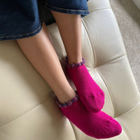 Thermal Soft-Opening Short Slipper Socks | With Grips | Medium. Stylish wool blend slipper socks with plush cushioning and heat-retaining brushed inner pile. Soft outer, secure grips on the soles, and fluffy trim for added comfort. Perfect gift ideas.