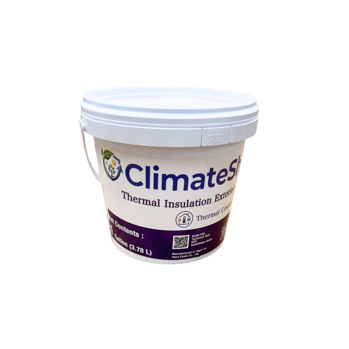 A white plastic bucket with a metal handle, featuring a label for ClimateShield Thermal Insulation Exterior Coating, on a plain white background.