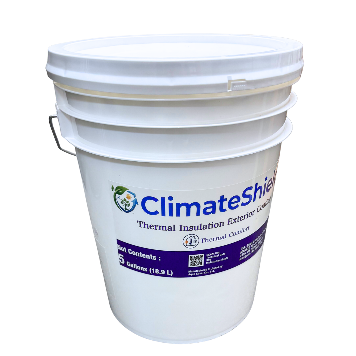 A white plastic bucket with a metal handle, featuring a label for ClimateShield Thermal Insulation Exterior Coating, on a plain white background.