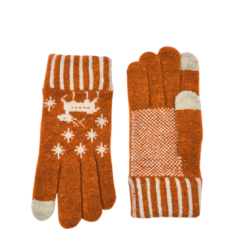 Pair of orange gloves with white patterns on a white background