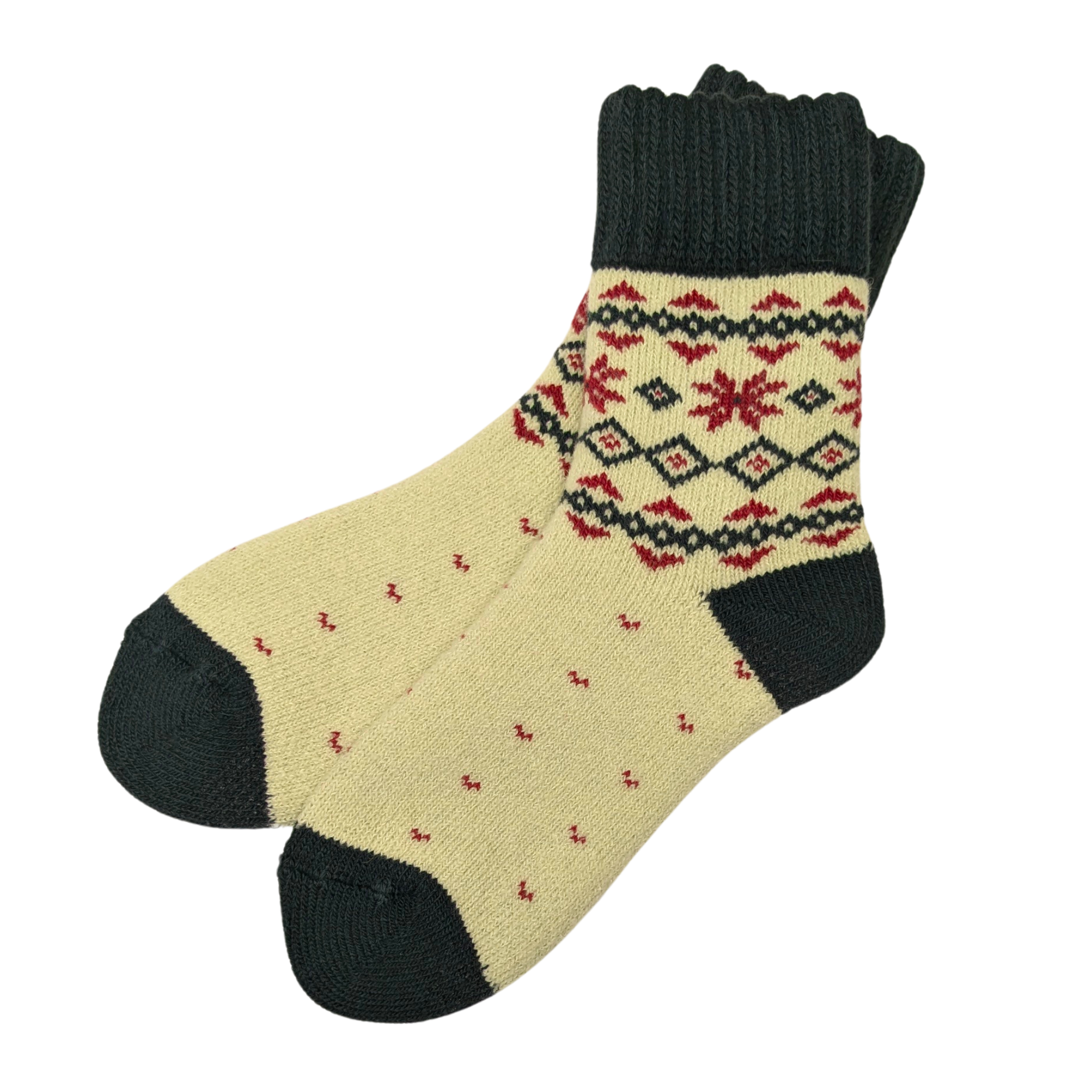 Warm Nordic Slipper Crew Socks made from a merino wool blend with thick ribbed cuffs to block cold air and a brushed lining for added cushioning. The soles feature invisible non-slip grips. Available in four stylish colors, perfect as a gift or for cozy days at home.