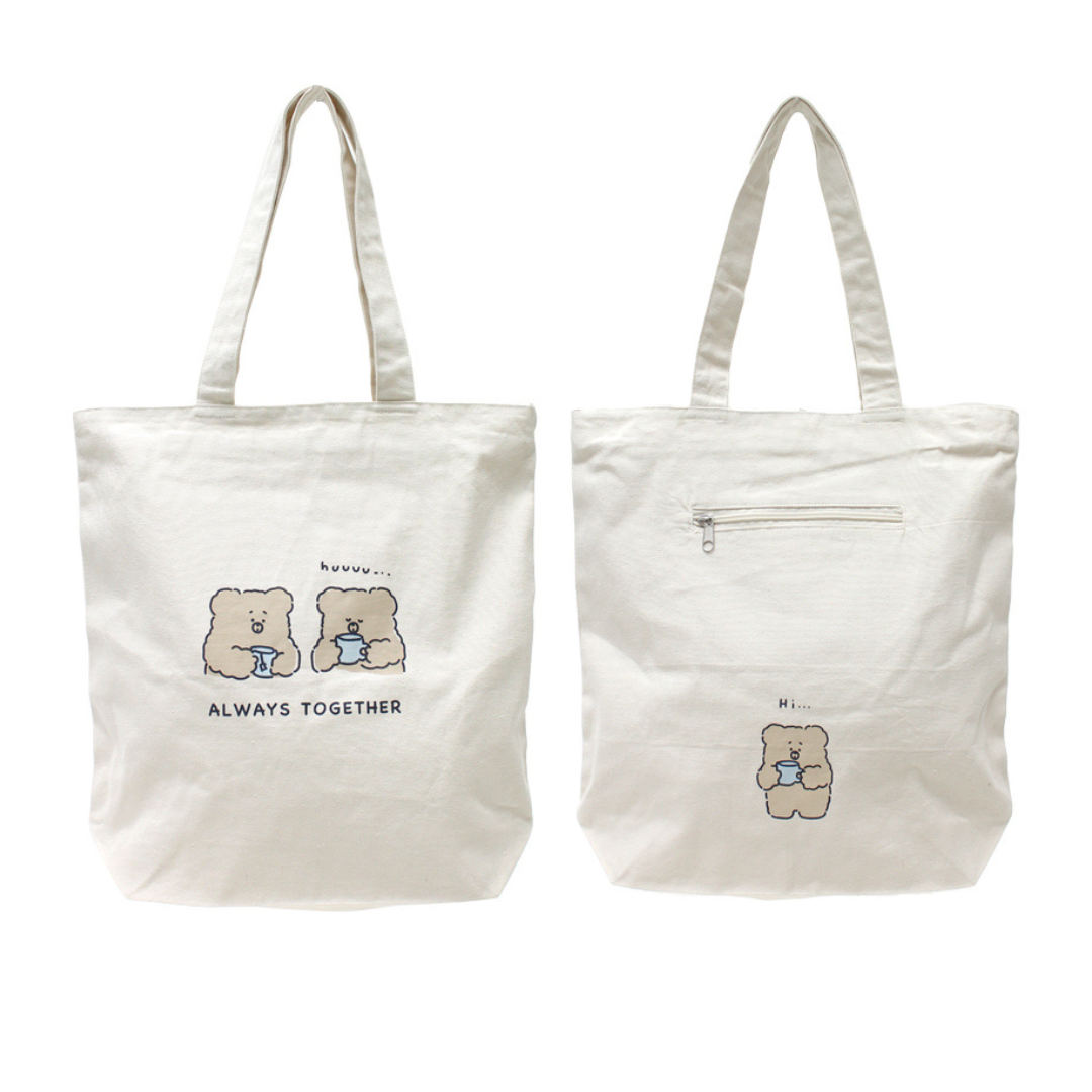 Upcycled Eco-Friendly Bear Life Design Tote | 6 Styles | Off White | Plenty of space inside to easily accommodate for your laptop, books, clothes, & groceries. Crafted from high-quality, sustainable, and eco friendly materials. Top zipper, a side zipper pocket and a pocket inside for your smartphone. CHERRYSTONEstyle