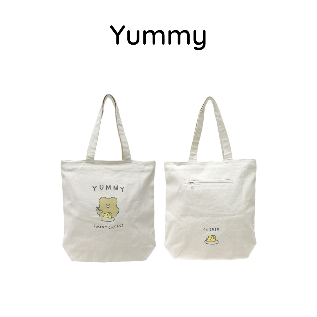 Upcycled Eco-Friendly Bear Life Design Tote | 6 Styles | Off White | Plenty of space inside to easily accommodate for your laptop, books, clothes, & groceries. Crafted from high-quality, sustainable, and eco friendly materials. Top zipper, a side zipper pocket and a pocket inside for your smartphone. CHERRYSTONEstyle