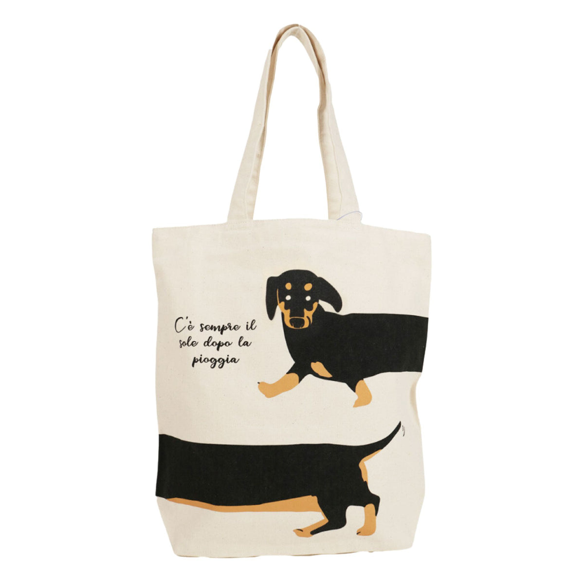 Tote bag with a dachshund illustration and text on a white background