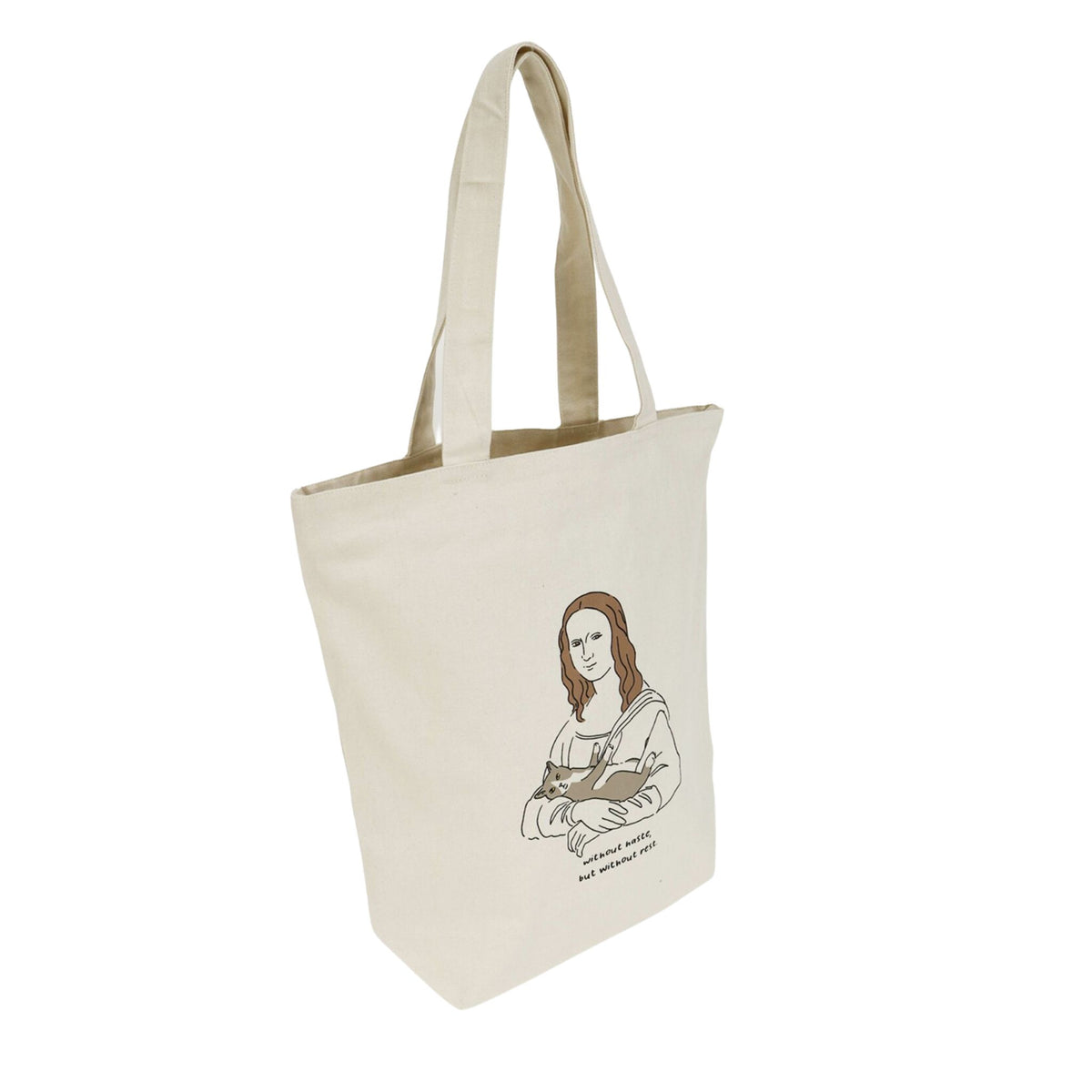 A natural canvas tote bag with long handles, featuring a printed graphic of the Mona Lisa holding a book with the caption 'Leonardo da Vinci and the reading man' below it, shown against a plain white background.