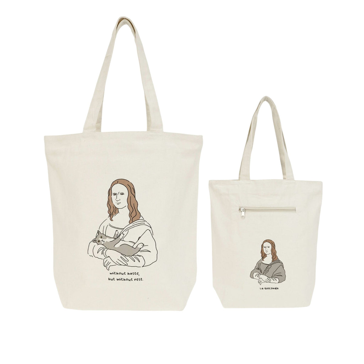 Two off-white canvas tote bags shown on a plain white background. The larger bag features a printed parody illustration of the Mona Lisa holding a cat.