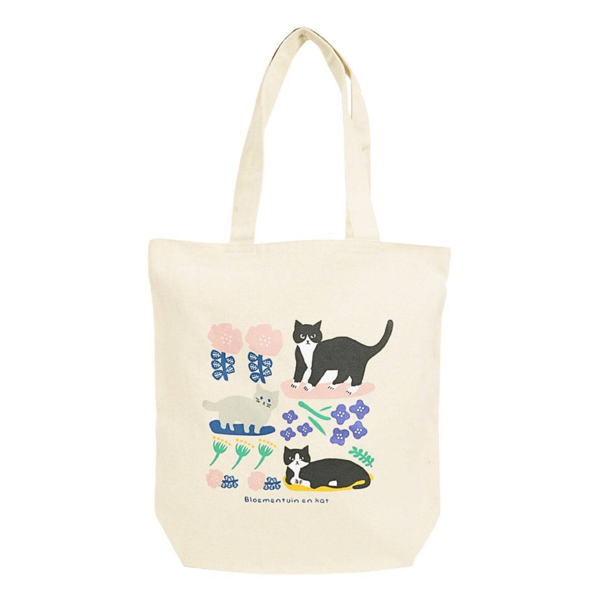 Tote bag with cat and flower design on a white background
