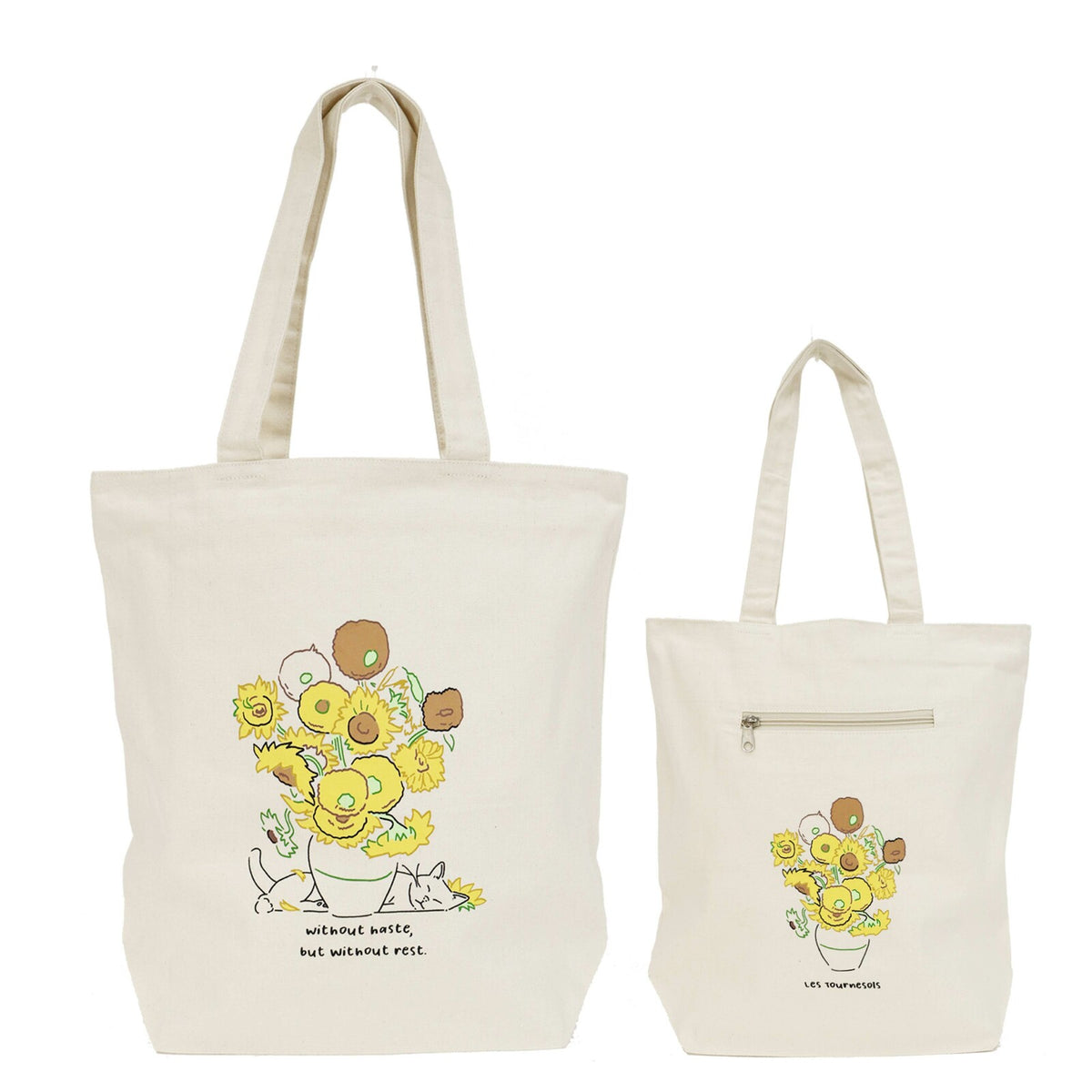 Two tote bags with floral designs on a white background