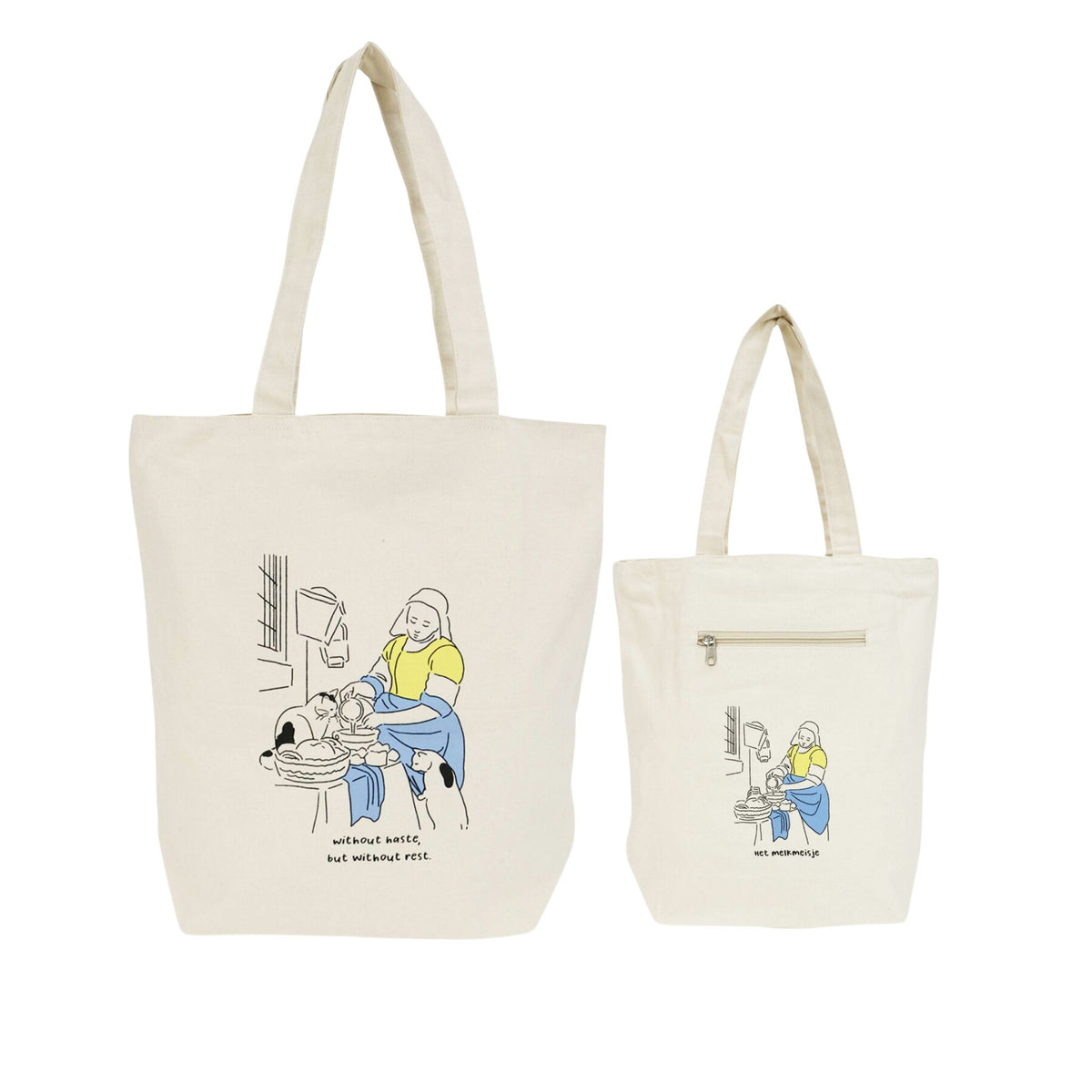 Two cream canvas tote bags shown on a white background, one larger and one smaller. Both bags feature a black line art illustration of a woman with cats.