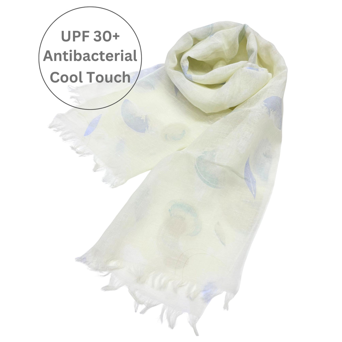 Peach-patterned scarf with text indicating UPF 30+, Antibacterial, Cool Touch features.