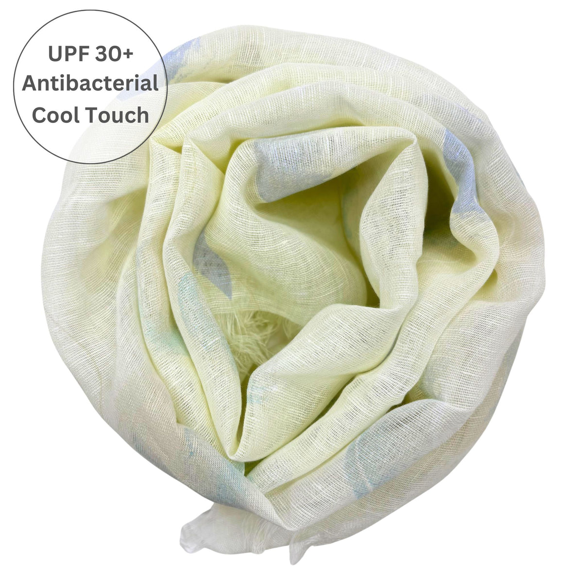 Peach-patterned scarf with text indicating UPF 30+, Antibacterial, Cool Touch features.