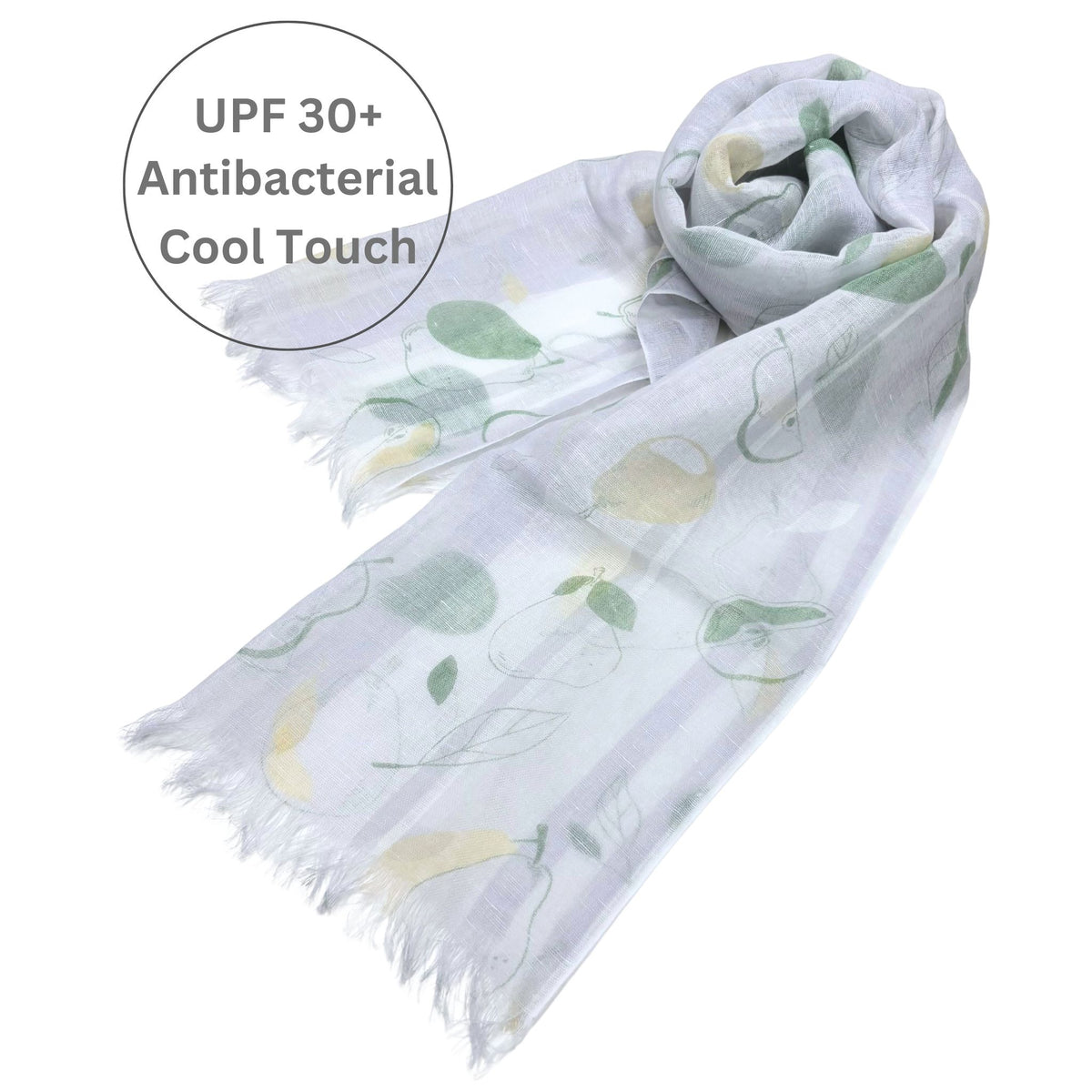 White scarf with green pear pattern on a white background, featuring text about UPF 30+ and antibacterial properties.