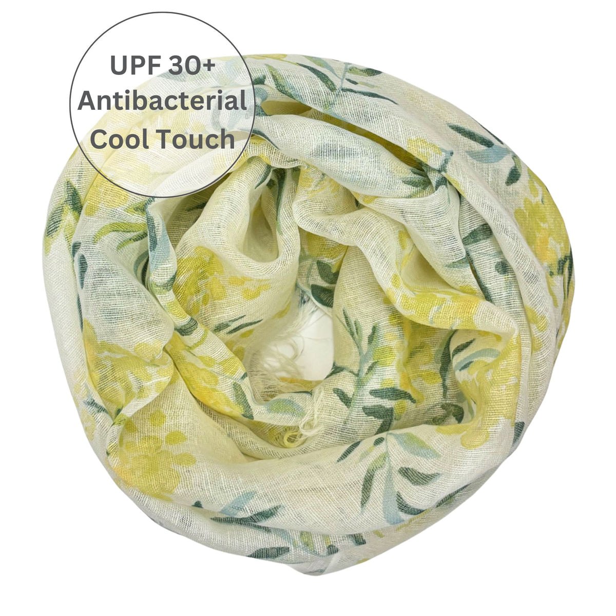 Yellow and green floral patterned scarf with text 'UPF 30+ Antibacterial Cool Touch' on a white background