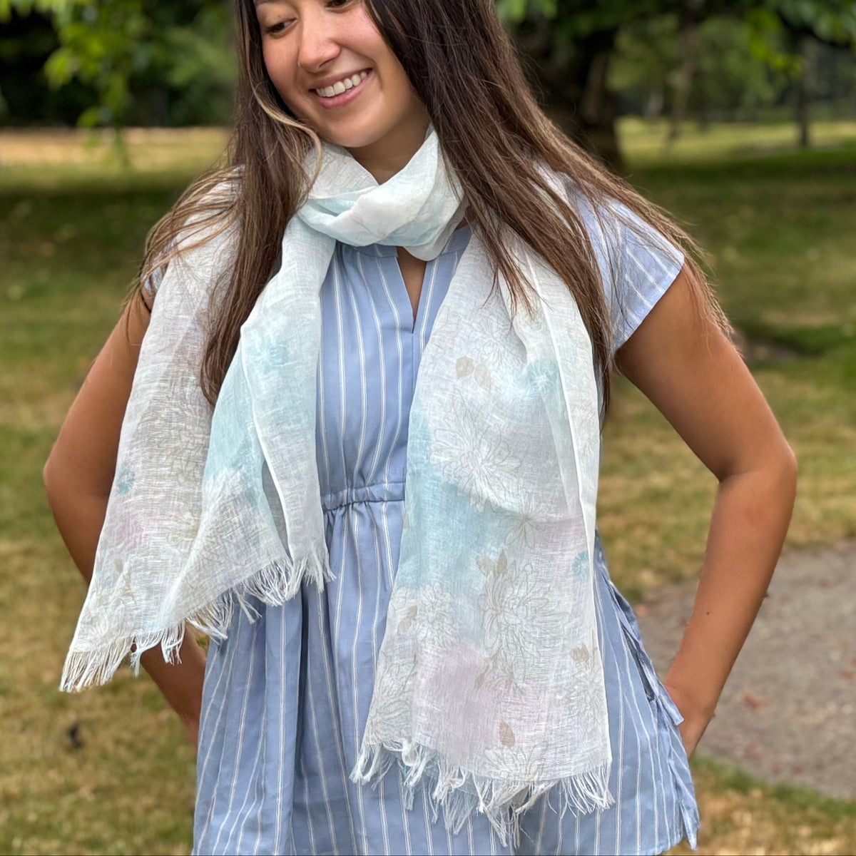 UPF 30+ Handwoven Cooling Fabric Linen Scarf on Loom | Watercolor Flower - CHERRYSTONE