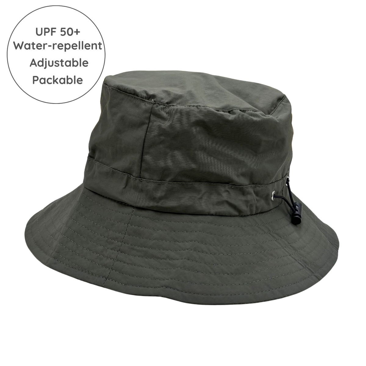 Green bucket hat with text indicating UPF 50+, water-repellent, adjustable, and packable features on a white background.