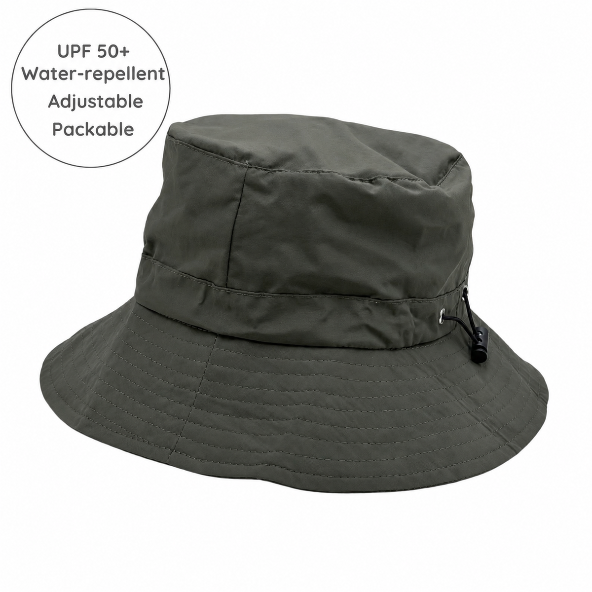 An adjustable olive green bucket hat with a wide brim, featuring a small black zipper pull on the side. A circular graphic overlay in the top-left corner highlights key features: 'UPF 50+ Water-repellent Adjustable Packable'.