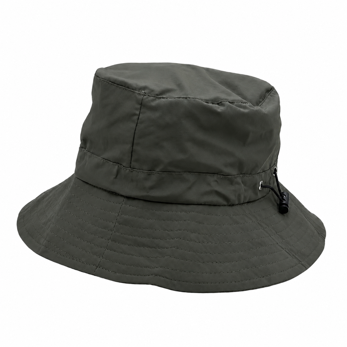 An adjustable olive green bucket hat with a wide brim, featuring a small black zipper pull on the side. A circular graphic overlay in the top-left corner highlights key features: 'UPF 50+ Water-repellent Adjustable Packable'.